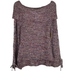 NWT American Rag Off the Shoulder Sweater Rib Knit Bell Sleeves Maroon Multi XS